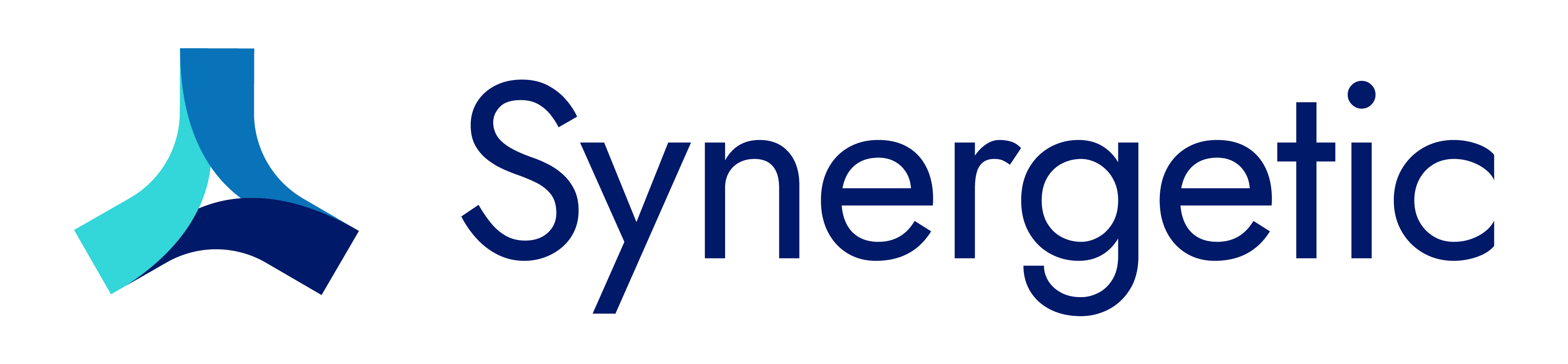 Logotipo de synergetic con un símbolo abstracto estilizado a la izquierda y el nombre de la empresa en fuente azul a la derecha