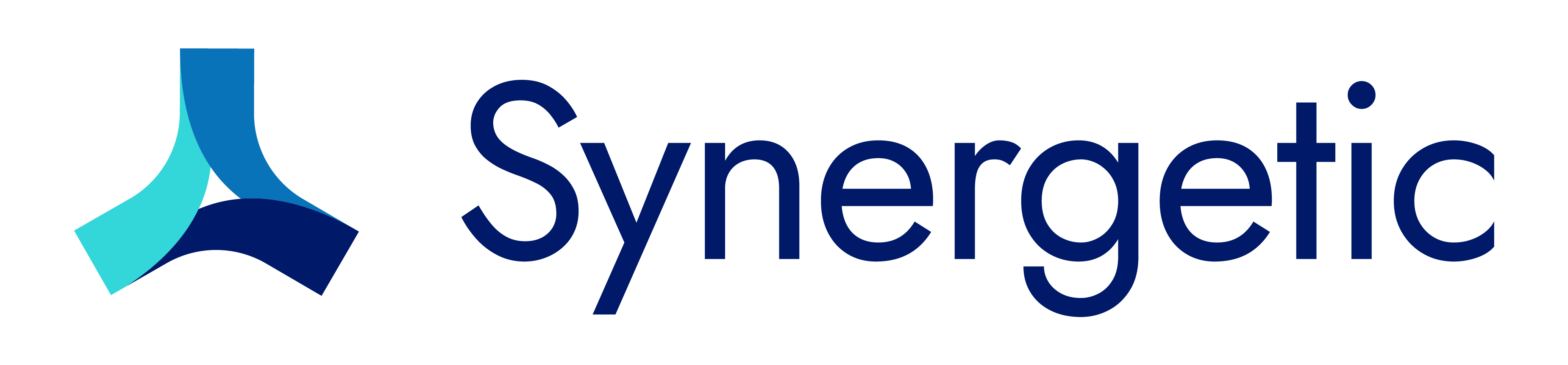 Logotipo de synergetic con un símbolo abstracto estilizado a la izquierda y el nombre de la empresa en fuente azul a la derecha
